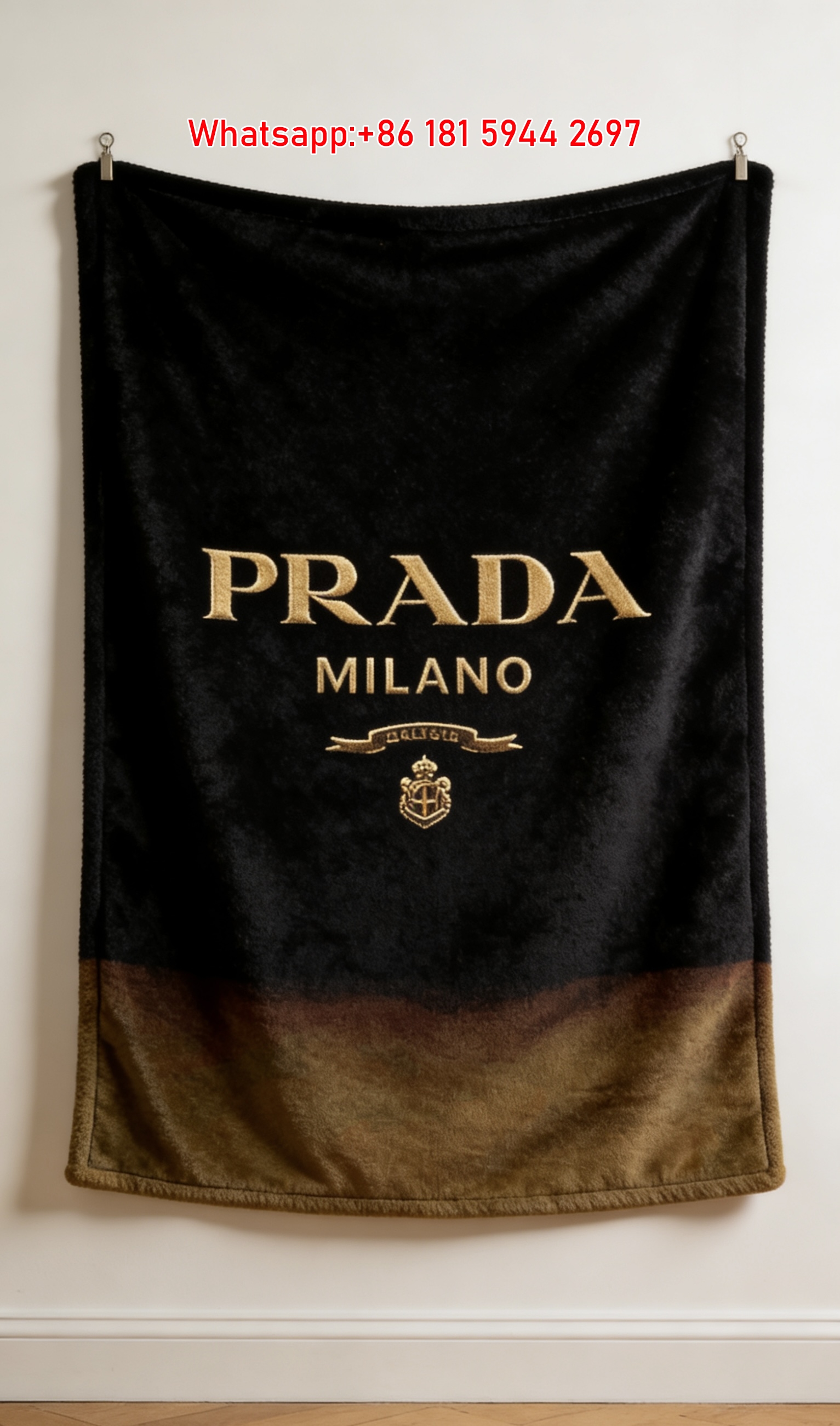 Prada Black Background Gold Prada Milano Logo Printed Flannel Throw Blanket IMG_2760